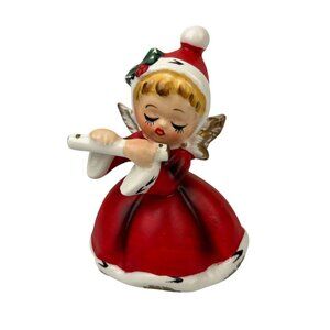 Napcoware Ceramic Christmas Girl Playing Flute Japan X-7258 Holiday Angel VTG